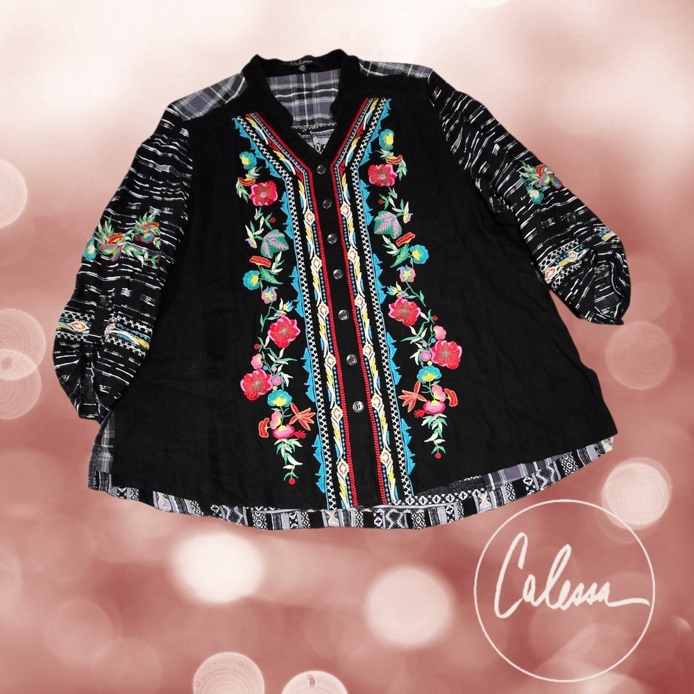 Calessa Womens Mixed Media Embroidered Patchwork Button Front Top Black 2X